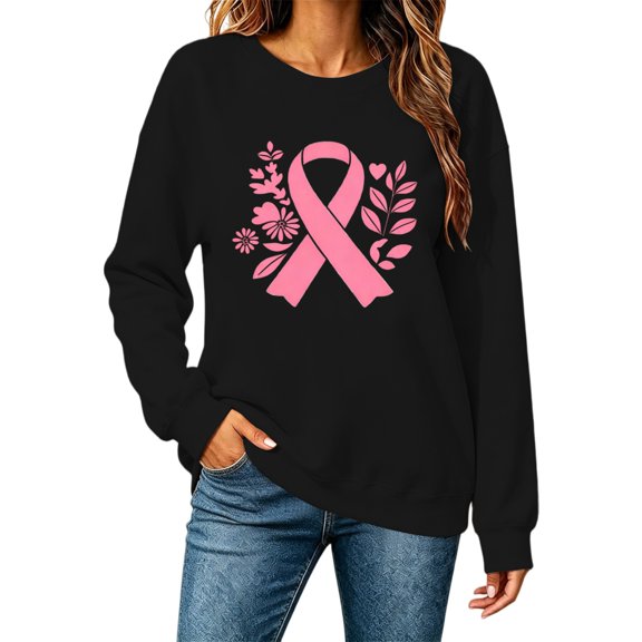 Funny Cute Sweatshirt Women Breast Cancer Awareness Long Sleeve Tshirt | Breast Cancer Pink Ribbon Sweater Long Sleeve Casual Fall Crewneck Pullover Daily Wear, Anti-Cancer Events, Pink 2XL