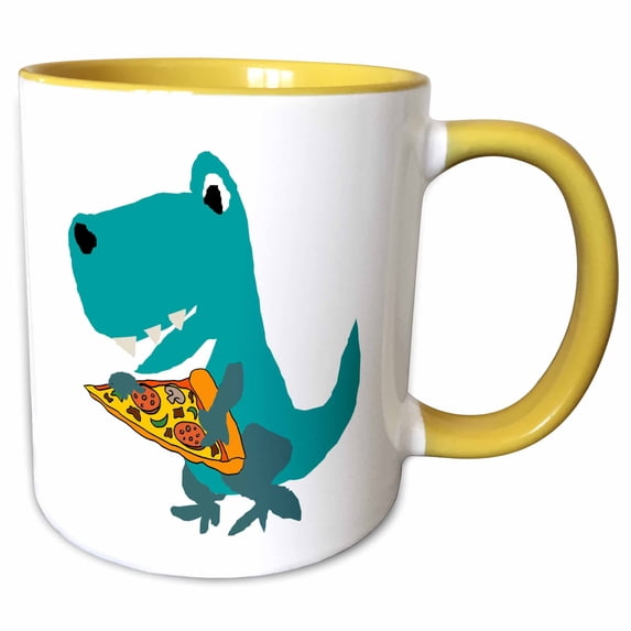 3drose, Funny Cute T-rex Dinosaur Eating Pizza Slice Primitive Art Cartoon, 11oz Two-tone Yellow Mug