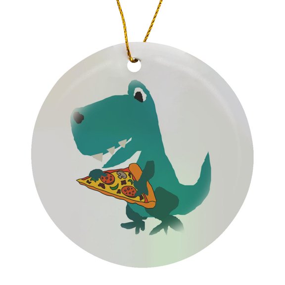 3drose, Funny Cute T-rex Dinosaur Eating Pizza Slice Primitive Art Cartoon, Circle Porcelain Ornament