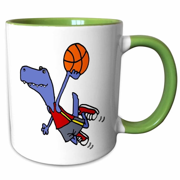 3drose, Funny Cute T-rex Dinosaur Playing Basketball Slam Dunk Cartoon, 11oz Two-tone Green Mug
