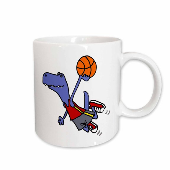 3drose, Funny Cute T-rex Dinosaur Playing Basketball Slam Dunk Cartoon, 15oz Mug