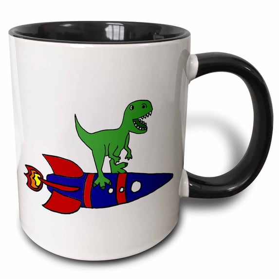 3drose, Funny Cute T-rex Dinosaur Riding Rocketship Cartoon, 15oz Two-tone Black Mug