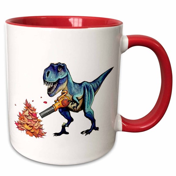 3drose, Funny Cute T-rex Dinosaur Using Leaf Blower Blower Fall Leaves, 11oz Two-tone Red Mug