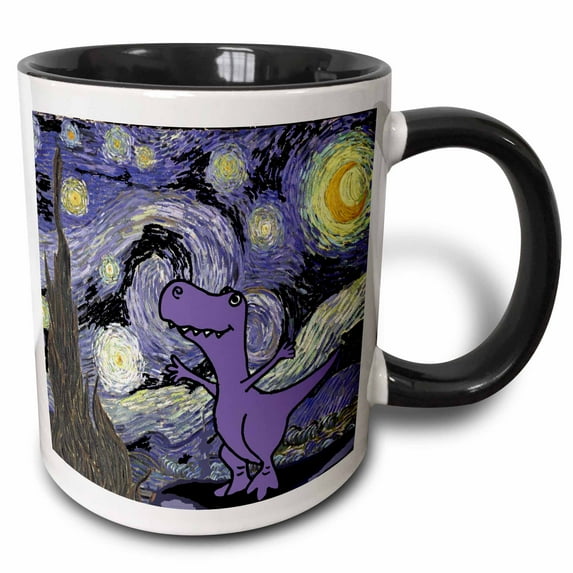 3drose, Funny Cute T-rex Dinosaur with Starry Night Van Gogh Background, 15oz Two-tone Black Mug