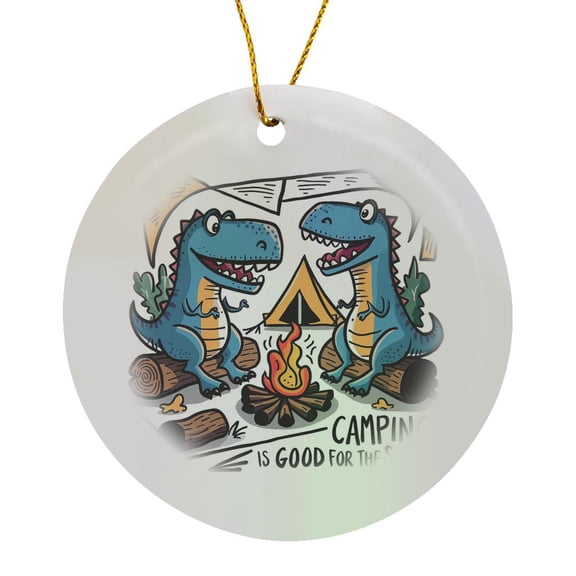 3drose, Funny Cute T-rex Dinosaurs Camping and Hiking Cartoon, Circle Porcelain Ornament