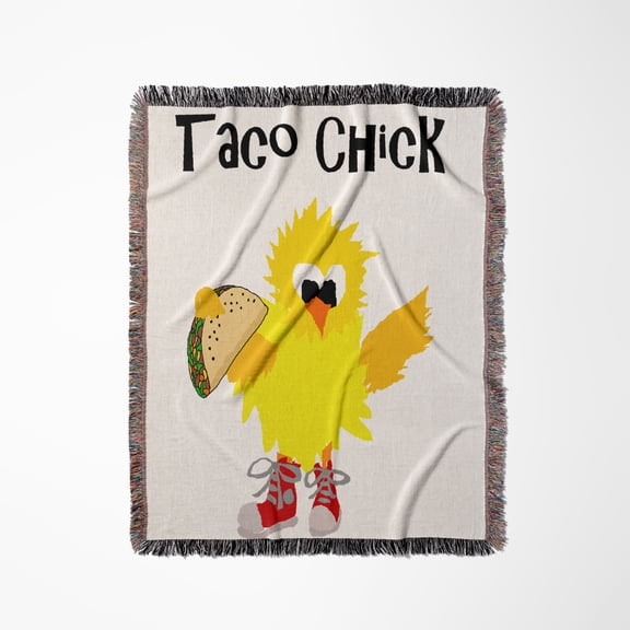 Funny Cute Taco Chick Cartoon With Chicken Eating Taco, Woven Blanket