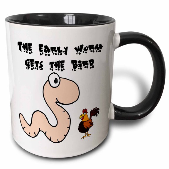 3drose, Funny Cute the Early Worm Catches the Bird Pun Cartoon, 11oz Two-tone Black Mug