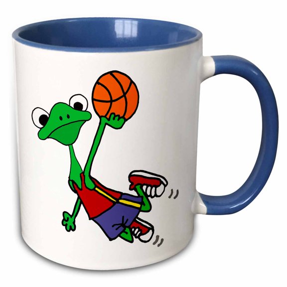 3drose, Funny Cute Tree Frog Playing Basketball Slam Dunk Sports Cartoon, 11oz Two-tone Blue Mug