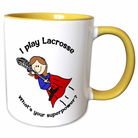 3drose, Funny Cute Woman Lacrosse Player Superhero with Superpowers, 11oz Two-tone Yellow Mug