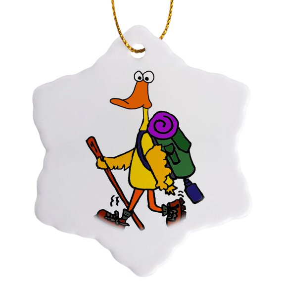 3drose, Funny Cute Yellow Duck Hiking Cartoon, 3 inch Snowflake Porcelain Ornament