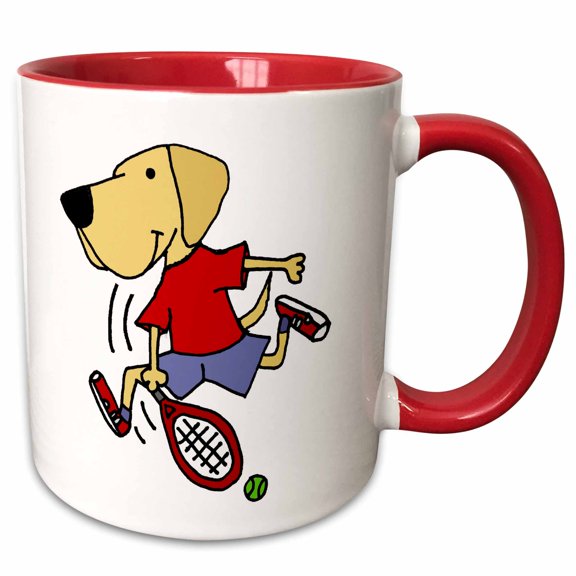3drose, Funny Cute Yellow Labrador Dog Playing Tennis Sports Cartoon, 15oz Two-tone Red Mug