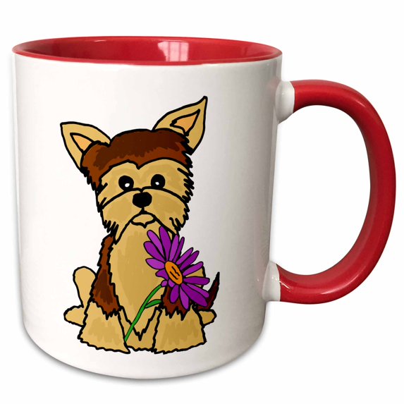 3drose, Funny Cute Yorkshire Terrier with Daisy Flower, 15oz Two-tone Red Mug