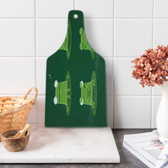 Funny Cutting Board, Funny Muzzy Frog on Lily Pad in Pond Hunting Tasty Fly Expressions Cartoon Animal, Tempered Glass Cutting and Serving Board, Wine Bottle Shape, Hunter Green, by Ambesonne