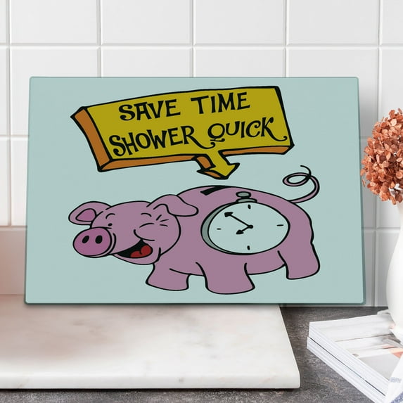 Funny Cutting Board, Piggy Bank Ticking Clock Save Time Quick Lettering Morning Routine Fun Theme, Decorative Tempered Glass Cutting and Serving Board, in 3 Sizes, by Ambesonne