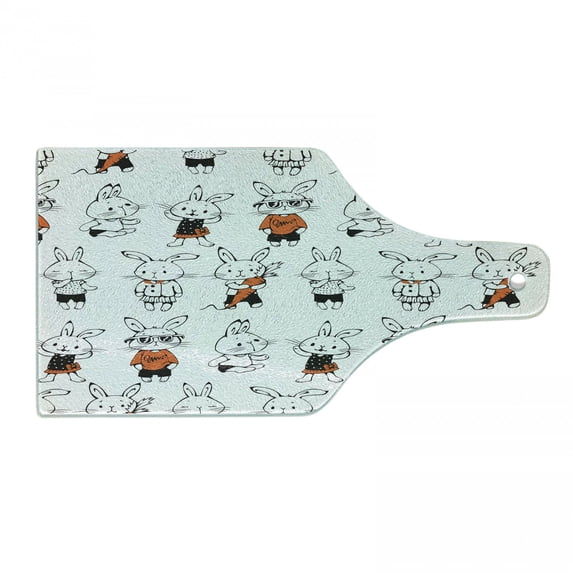 Funny Cutting Board, Retro Bunny Rabbits with Costumes Jack Hare Funky Bunnies Carrot Sketch Style, Decorative Tempered Glass Cutting and Serving Board, Wine Bottle Shape, Orange White, by Ambesonne