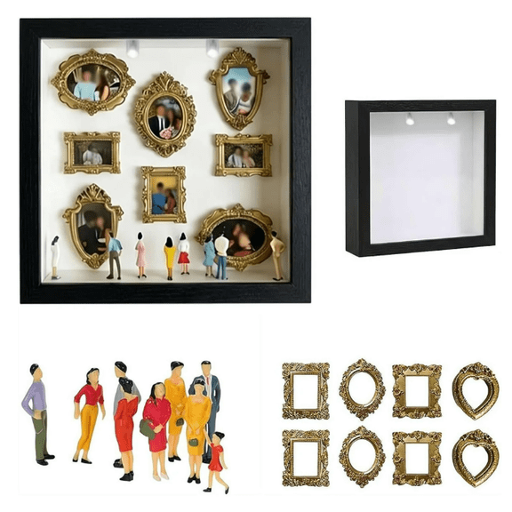 Funny DIY Mini Museum Silhouette Box – Shadow Box Frame Kit with Gold Mini Frames & Figurines, DIY Photo Family Memory Display Case Frame Silhouette Boxs