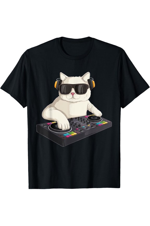 Funny DJ Cat Music Design Best Gift Idea Premium Tee T-Shirt S-3XL