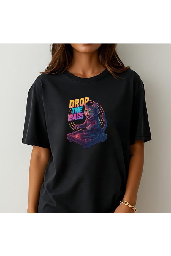 Funny DJ Cat Shirt Drop The Bass Turntable Kitty Neon Music Graphic EDM Rave Club Cat Lover Tee for Festivals and Party People