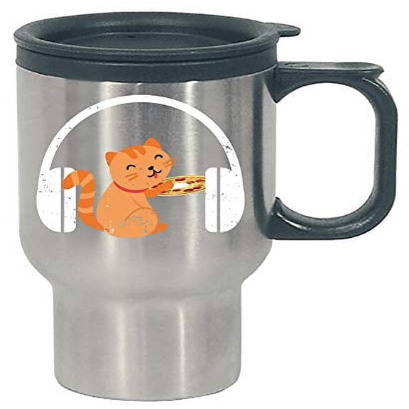 Funny DJ Cat Earphones Travel Mug - Stainless Steel Music Party Humor Gift