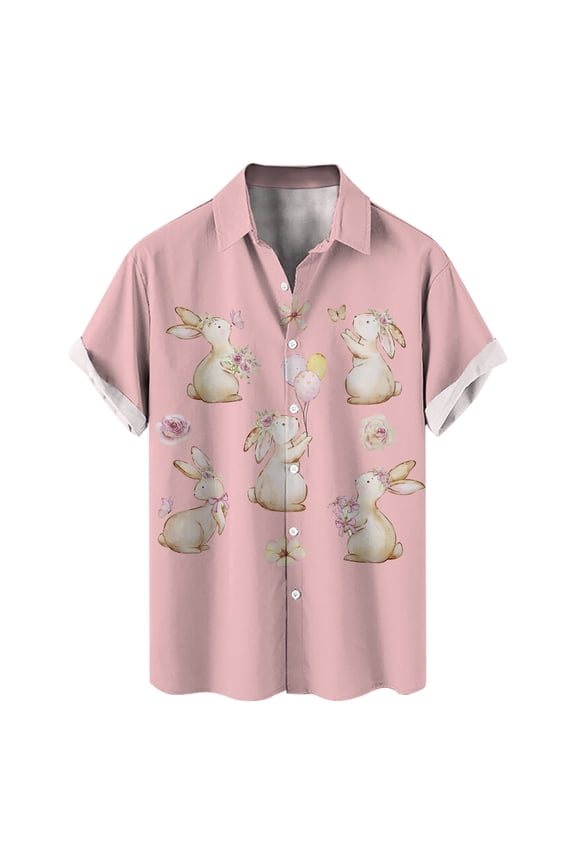 Funny Dabbing Bunny Easter for Men Shirt Button Up Short Sleeve Lapel Tops Funny Easter Eggs Print Spring Tees