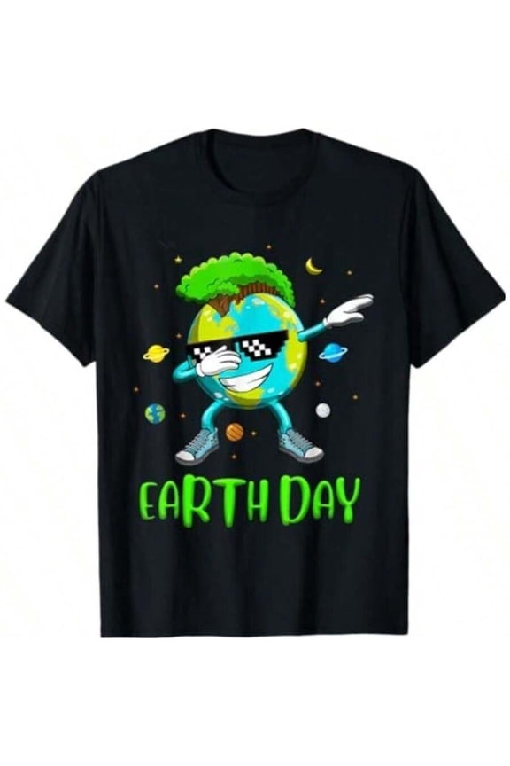 Funny Dabbing Earth Day Graphic Tee Retro Planet Nature Lover Short Sleeve T-Shirt for Men and Women