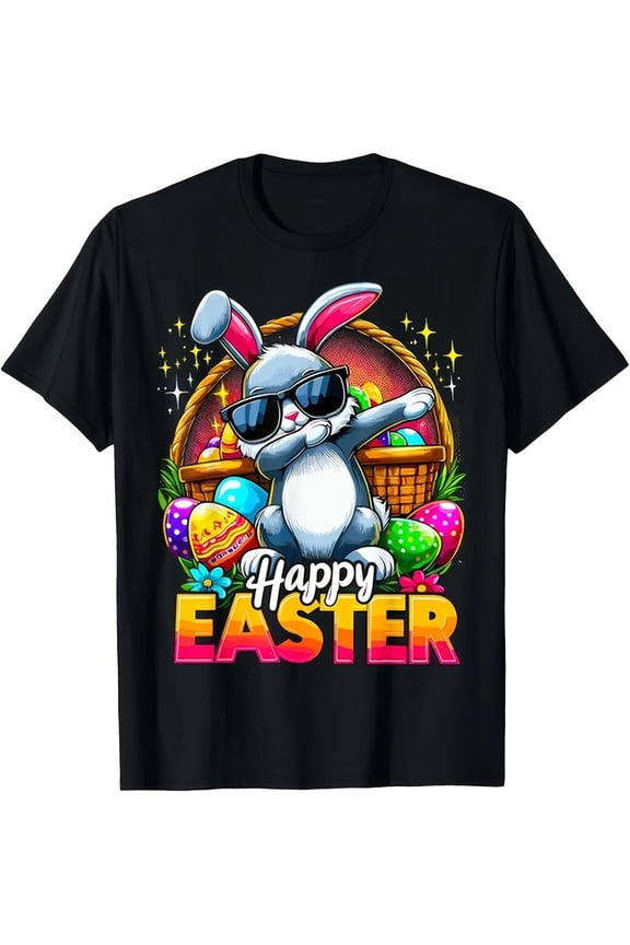 Funny Dabbing Easter Bunny Sunglasses T-Shirt with Colorful Eggs Basket Festive Spring Holiday Apparel
