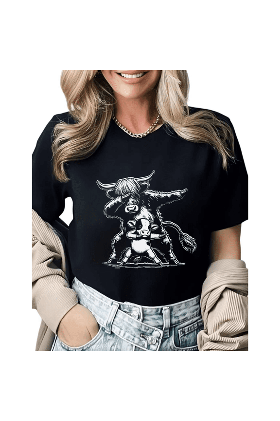 Funny Dabbing Highland Cow Graphic Tees Womans T shirt Shirts Black White S-5XL Tops