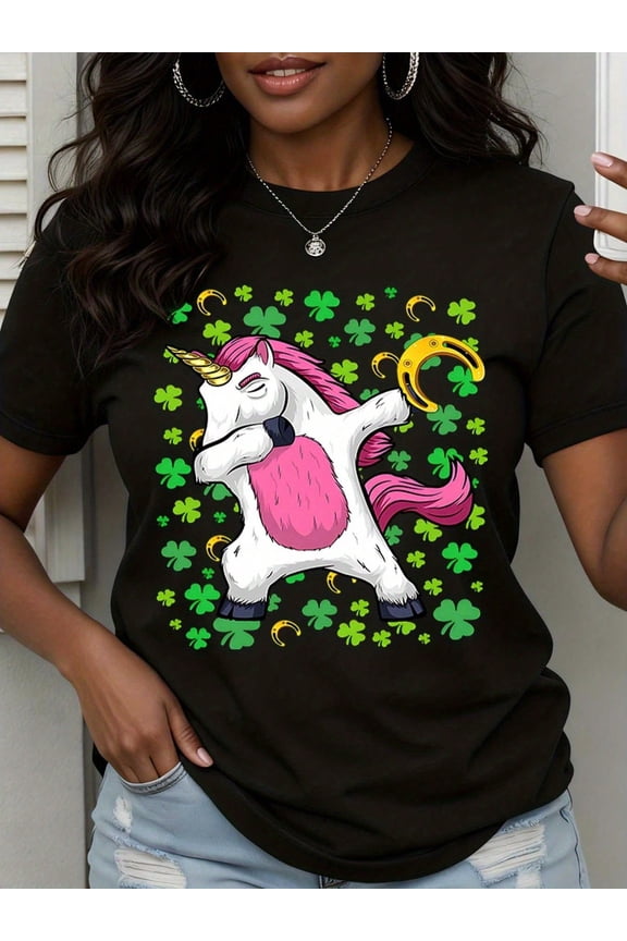 Funny Dabbing Unicorn Lucky Clover Women Graphic Short Sleeve T-Shirt