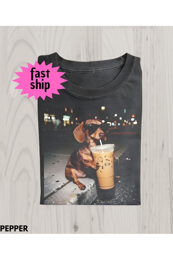 Funny Dachshund Coffee Shirt, Iced Coffee Dog Meme Graphic Tee, Gift for Dog Lovers