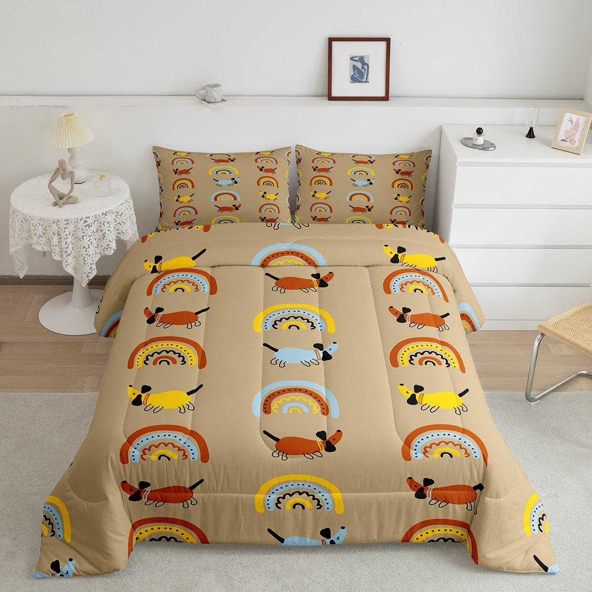 Funny Dachshund Comforter Set Full for Boy Girls Rainbow Bedding Set