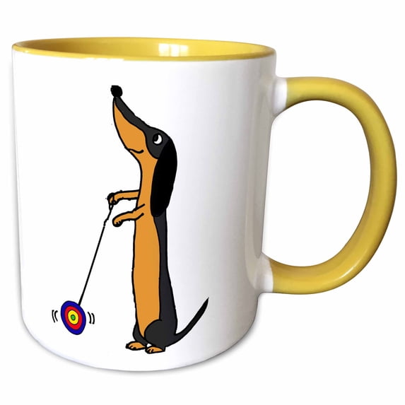 3drose, Funny Dachshund Dog Playing with Yoyo Cartoon, 11oz Two-tone Yellow Mug