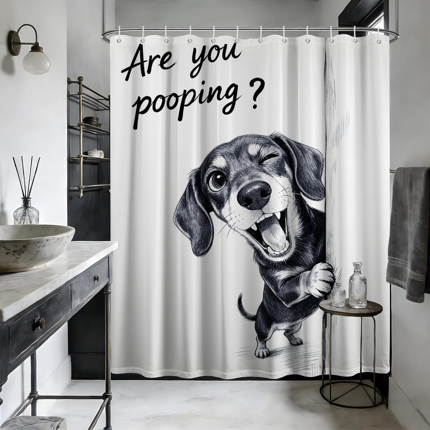 Funny Dachshund Shower Curtain are You Pooping Cute Dog Shower Curtains for Bathroom Decor Sets, Waterproof Cloth Fabric with Hooks, 36 x 72 Inch