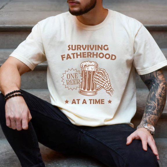 Funny Dad Beer Father’s Day Tee, Fatherhood Surviving One Beer at a Time Shirt, Skeleton Hand Beer Mug T-Shirt, Dad Life Graphic Tee