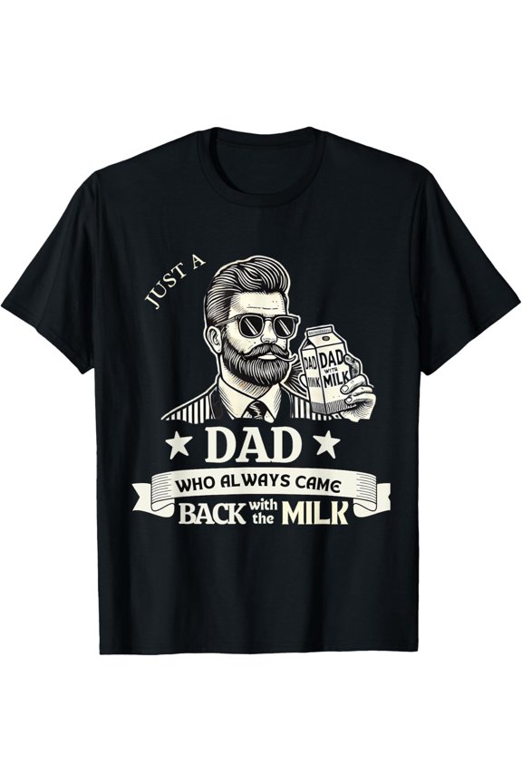 Funny Dad Graphic Tee Retro Bearded Man With Milk Carton Men's Cotton T-Shirt Father's Day Gift Idea Vintage Style Black Top