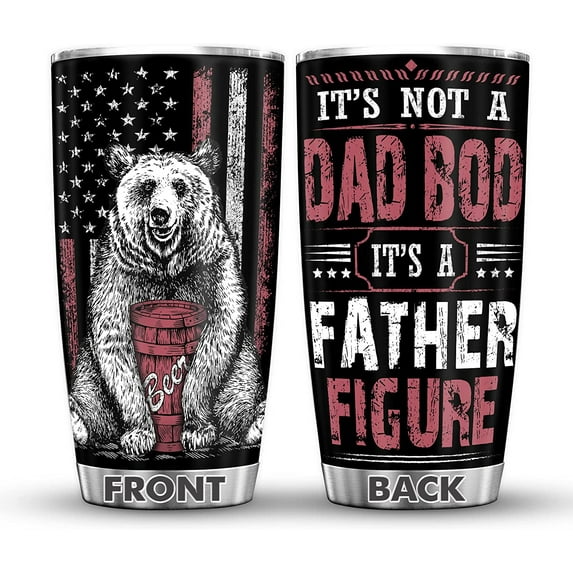 Funny Dad Tumbler Cup with Lid 20oz - Humorous Dad Bod, Father Figure Message, Kitchen Grade 18/8 Stainless Steel, Double Wall Insulation, Dishwasher Safe. Great Gift from Son, Daughter, Kids