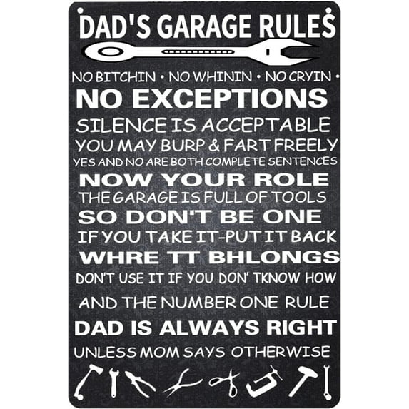 Funny Dad's Garage Rules Metal Tin Sign Wall Décor Garage Quote Sign for Home Garage Men Cave Decor