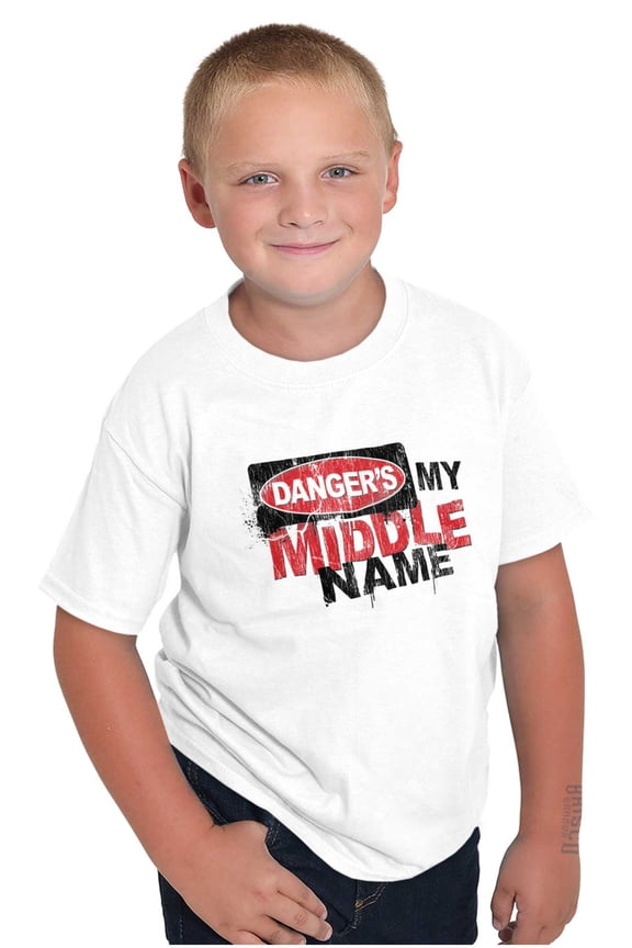 Funny Danger is My Middle Name Boys Kids T Shirt Tees Tops Teen Brisco Brands L