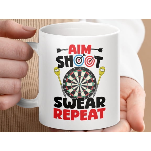 Funny Darts Mug, Aim Shoot Swear Repeat Coffee Cup Gift