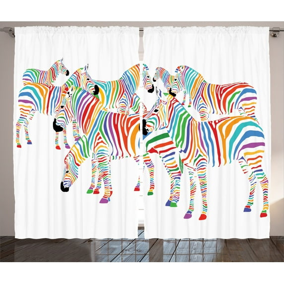 Ambesonne Funny Curtains 2 Panel Set, Rainbow Inspired Zebra Motifs, 108" x 84", Multicolor