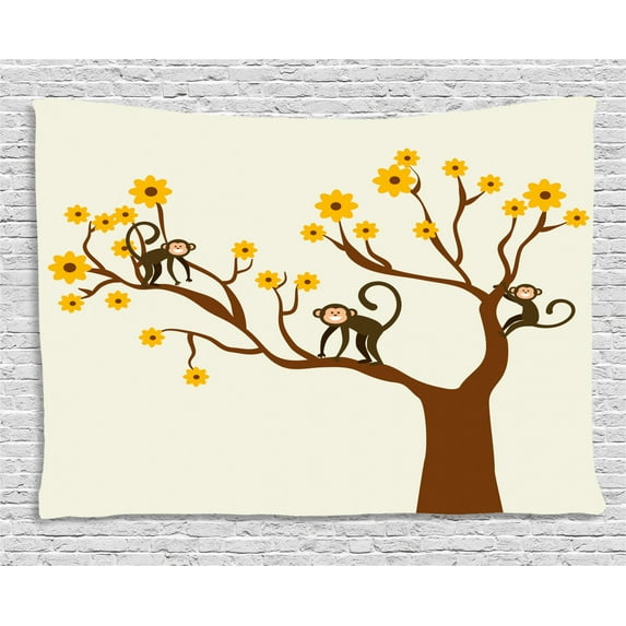 Funny Decor Tapestry, Cute Monkey Animations Fun Chimpanzees Daisy Trees Animal Life Figure Design, Wall Hanging for Bedroom Living Room Dorm Decor, 60W X 40L Inches, Brown Yellow, by Ambesonne