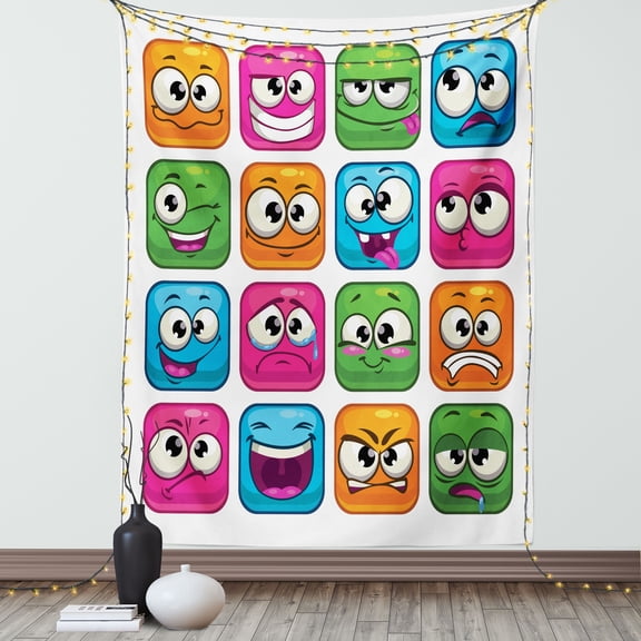Funny Decor Tapestry, Digital Square Cartoon Decor Smiley Face Expression Monster Comic Avatar Art Image, Wall Hanging for Bedroom Living Room Dorm Decor, 60W X 80L Inches, Multi, by Ambesonne