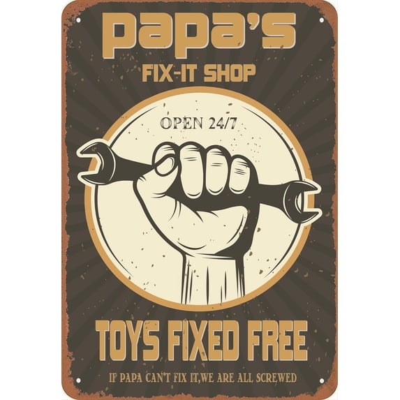 Funny Decorations For Man Cave Garage Wall, Vintage Tin Sign Papa's fix-it shop, Metal Post 12 * 8 Inches (PAPA'S FIX-IT SHOP)