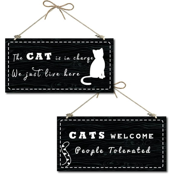 Funny Decorative Wood Sign Home Decor Wood Plaque Hanging Wall Art Double Sided The Cat is in Charge We Just Live Here