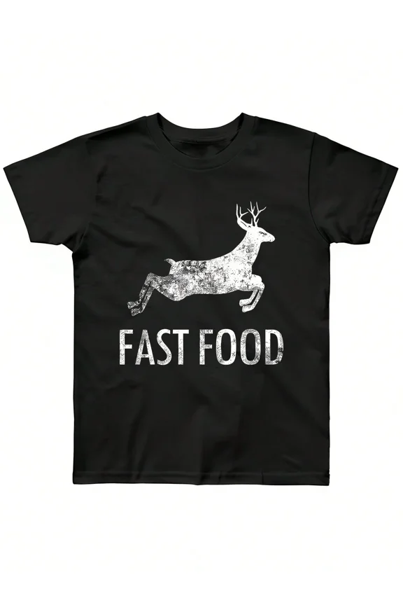 Funny Deer Fast Food Graphic T-Shirt Men's Short Sleeve Cotton Tee Black
