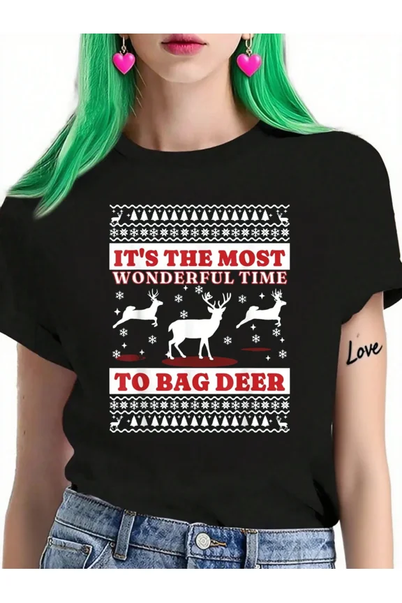 Funny Deer Hunting Christmas Graphic T-Shirt Ugly Sweater Style Reindeer Hunter Tee