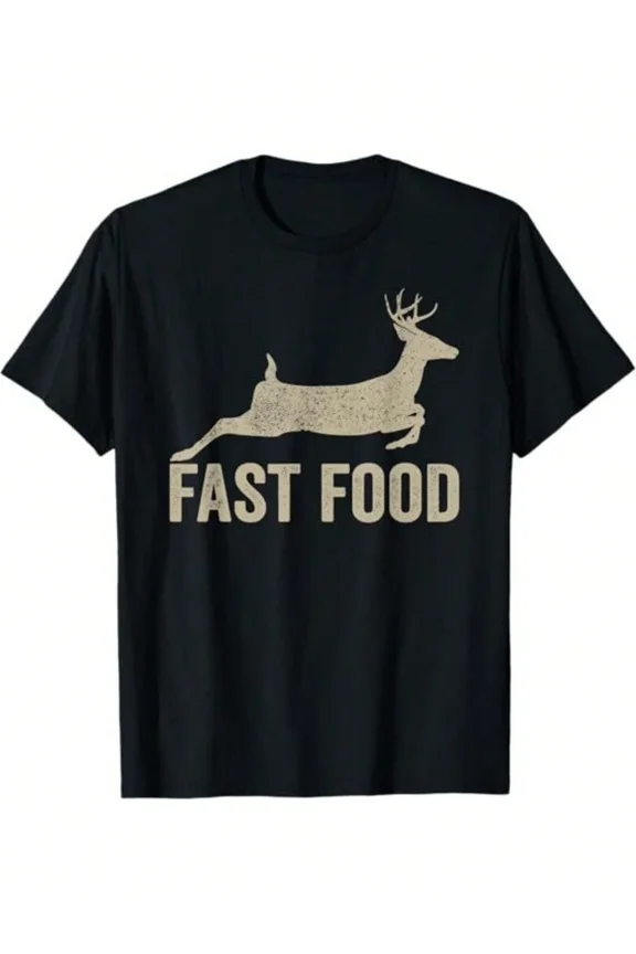 Funny Deer Hunting T-Shirt Fast Food Graphic Tee for Men Vintage Style Short Sleeve Cotton Top