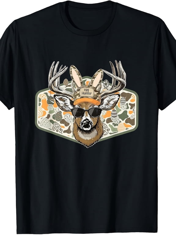 Funny Deer With Sunglasses And Egg Hunter Hat Graphic T Shirt For Kids Boys Girls Cute Easter Hunting Gift Unisex Short Sleeve Cotton Tee