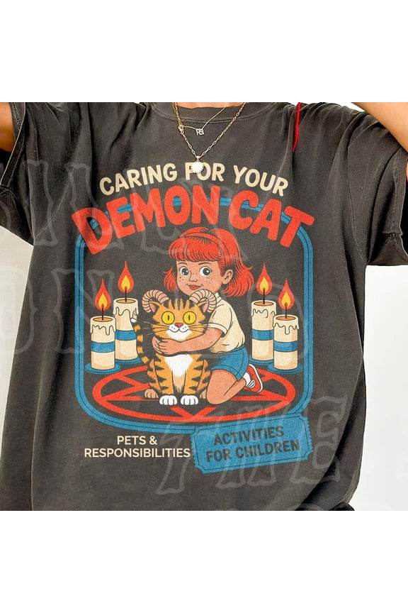 Funny Demon Cat Graphic Tee For Men Women Funny Book Graphic Tee Cat Lover Gift DARK HEATHER Unisex S-5XL Hot Trending Shirt, Vintage Birthday Gift