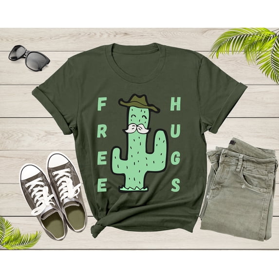 Funny Desert Cactus Cowboy Hat Mustache Free Hugs Sarcastic T-Shirt Cactus Lover Gift T Shirt for Men Women Kids Boys Girls Graphic Tshirt