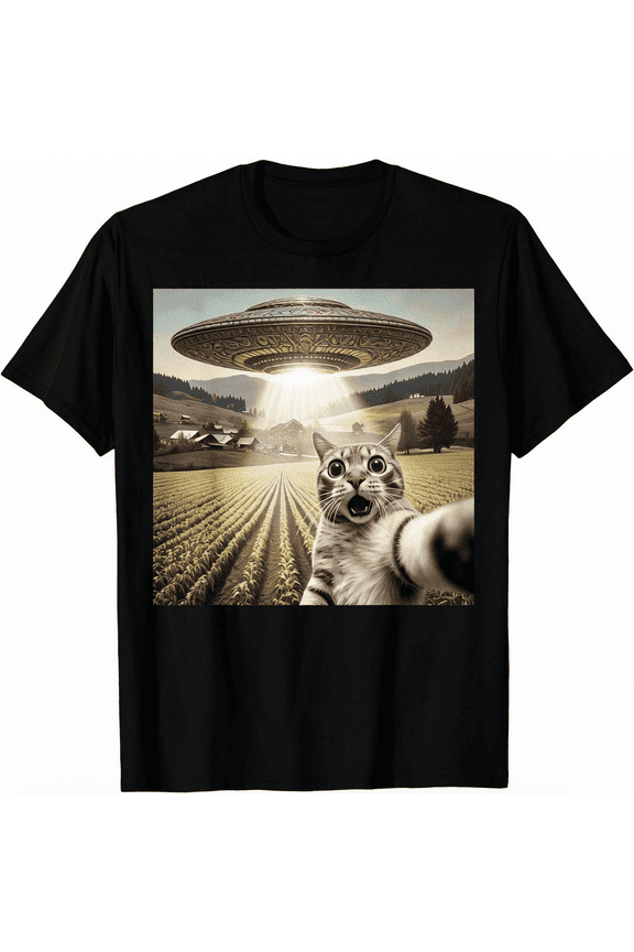 Funny Design Cat Selfie With An Alien UFO Theme Unisex T-Shirt